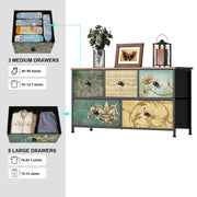 5-Drawer Fabric Dresser for Bedroom Closet, Nursery Hallway, TV Stand Cabinet with Retro Floral Pattern Wood Top Drawers