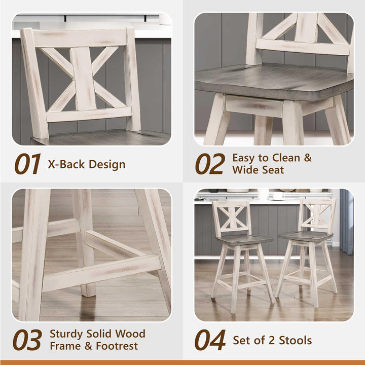 Set of 2 Solid Wood Swivel Counter Bar Stools, Tall Farmhouse X-Back Kitchen Island Chairs, Rustic White