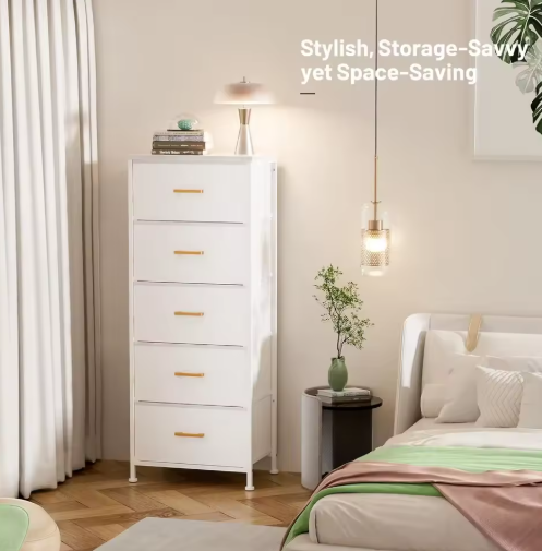 Tall Dresser with 5 Drawers,White Dresser for Bedroom, Tall Storage Tower for Closet,Nursery, Dorm, Dresser Organizer with Frame