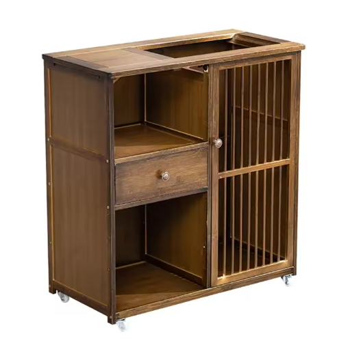 Mobile Tea Table for Balcony – Solid Wood Small Tea Table with Tea Rack Cabinet and Boiling Water Feature