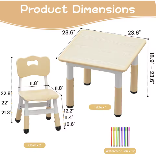 Kids Table and Chair Set, 3 Piece Toddler Furniture Set w/ Graffiti Desktop Watercolor Pens for Children Activity Room Preschool