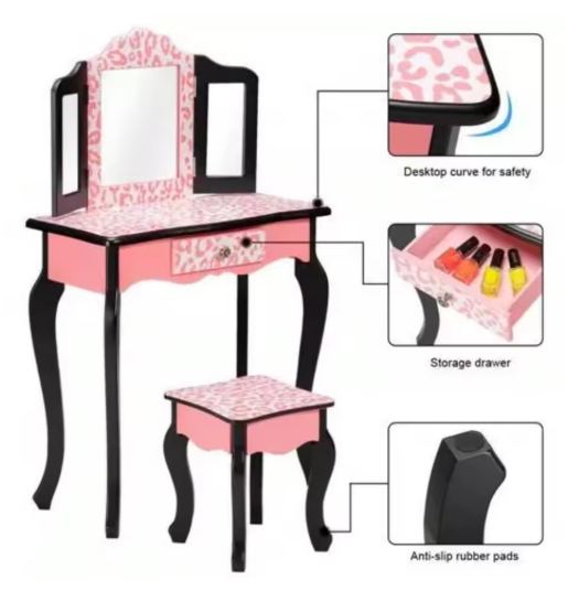 Pretend Play Vanity Table and Chair Set with Mirror Makeup Dressing Gift