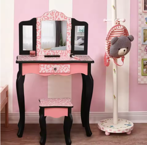 Pretend Play Vanity Table and Chair Set with Mirror Makeup Dressing Gift