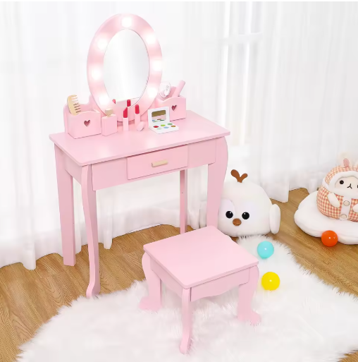 Girls' Vanity Table and Chair Set, Kids Makeup Dressing Table with Lights & Wood Makeup Playset, Kids Vanity Set with Mirror & D