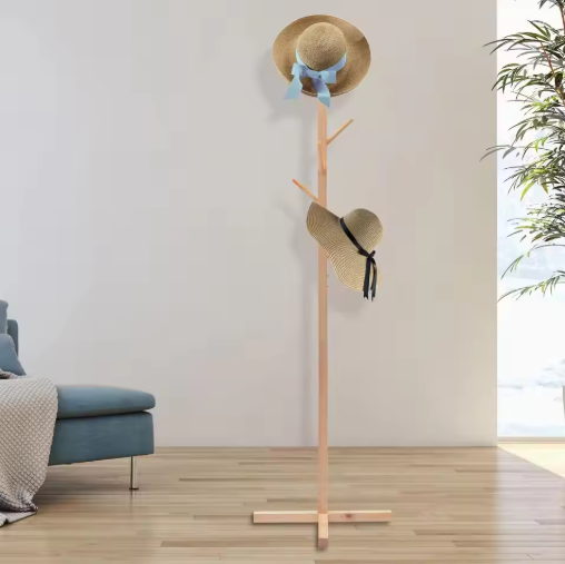 8-Hook Solid Wood Coat Rack - Free Standing Storage Stand for Hats, Bags, and Umbrellas