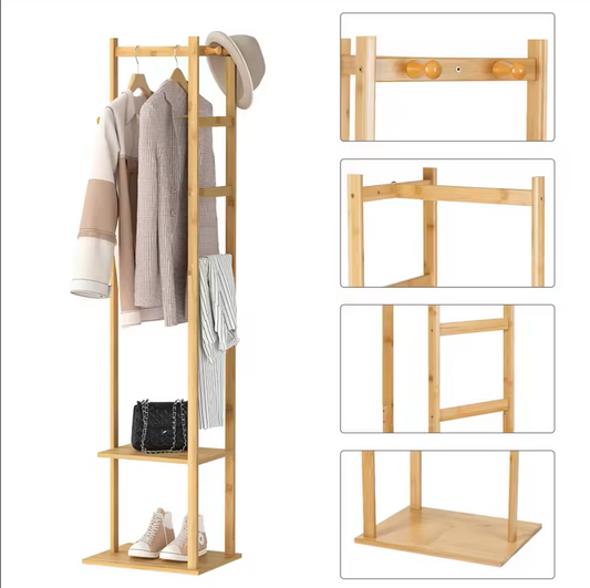 Bamboo Garment Rack, Clothing Rack with 2 Tier Storage Shelves, Wooden Garment Rack, Clothes Hanging Rack, Cloest Organizer