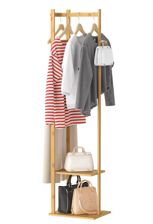 Bamboo Garment Rack, Clothing Rack with 2 Tier Storage Shelves, Wooden Garment Rack, Clothes Hanging Rack, Cloest Organizer