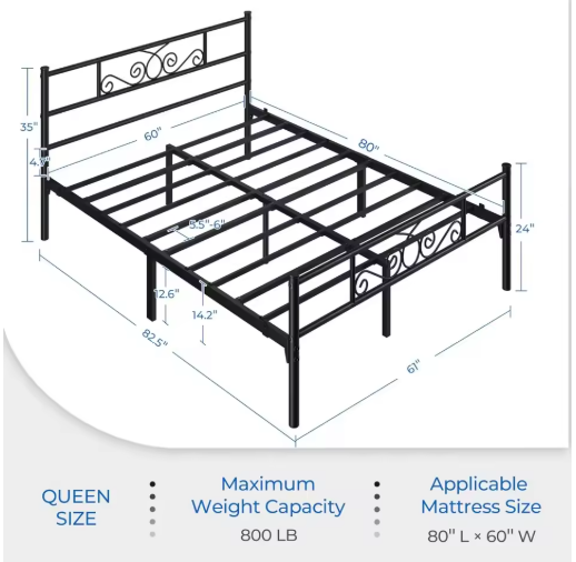 Queen Size 13 Inch Black Metal Classic Bed Frame with Headboard, Mattress Foundation, and Slatted Base