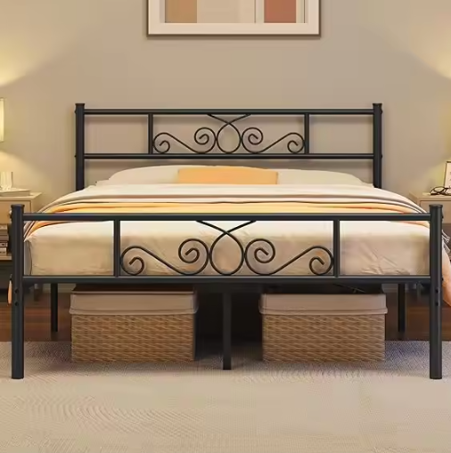 Queen Size 13 Inch Black Metal Classic Bed Frame with Headboard, Mattress Foundation, and Slatted Base