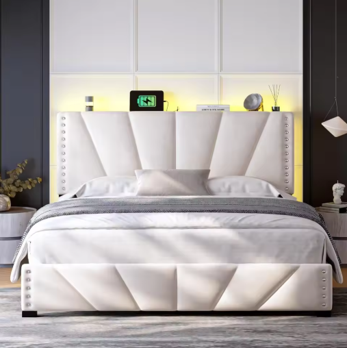 EnHomee Queen Bed Frame with Velvet Headboard and LED Lights, Storage Headboard with Charging Station, Bed Frame Queen Size with
