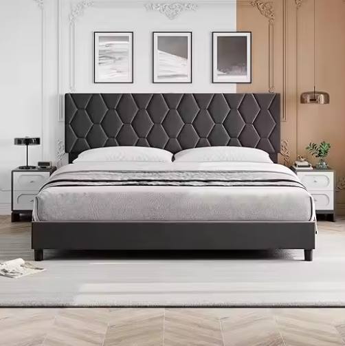 Grey Upholstered Bed Frame with Headboard, Durable Platform Bed with Wood Slats, No Box Spring Needed