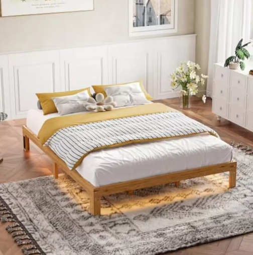 12 Inches Wood Platform Bed Frame, Minimalist Style Mattress Foundation with Solid Rubber Wood, Queen Size Bed Frame with Strong