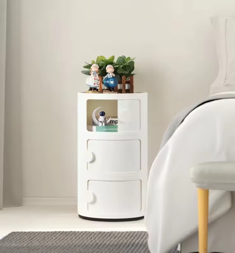 Round Bedside Table 3Tier Plastic Nightstand Storage Unit Chest W/Drawers&Sliding Door Nordic Modern Bedside Cabinet for Bedroom