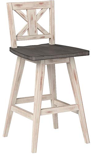 Set of 2 Solid Wood Swivel Counter Bar Stools, Tall Farmhouse X-Back Kitchen Island Chairs, Rustic White