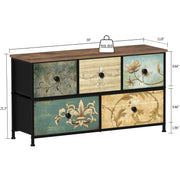 5-Drawer Fabric Dresser for Bedroom Closet, Nursery Hallway, TV Stand Cabinet with Retro Floral Pattern Wood Top Drawers