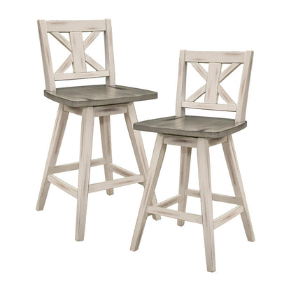 Set of 2 Solid Wood Swivel Counter Bar Stools, Tall Farmhouse X-Back Kitchen Island Chairs, Rustic White