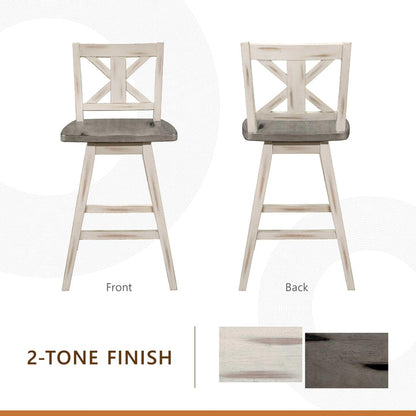 Set of 2 Solid Wood Swivel Counter Bar Stools, Tall Farmhouse X-Back Kitchen Island Chairs, Rustic White