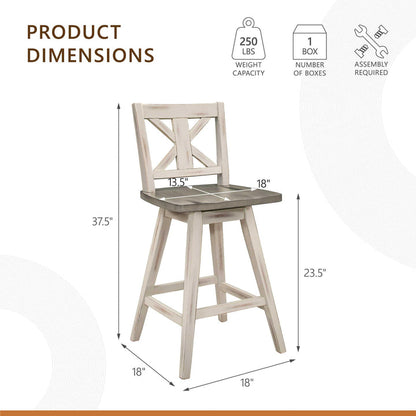 Set of 2 Solid Wood Swivel Counter Bar Stools, Tall Farmhouse X-Back Kitchen Island Chairs, Rustic White