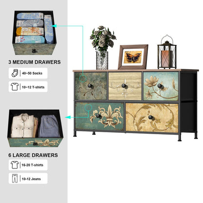 5-Drawer Fabric Dresser for Bedroom Closet, Nursery Hallway, TV Stand Cabinet with Retro Floral Pattern Wood Top Drawers