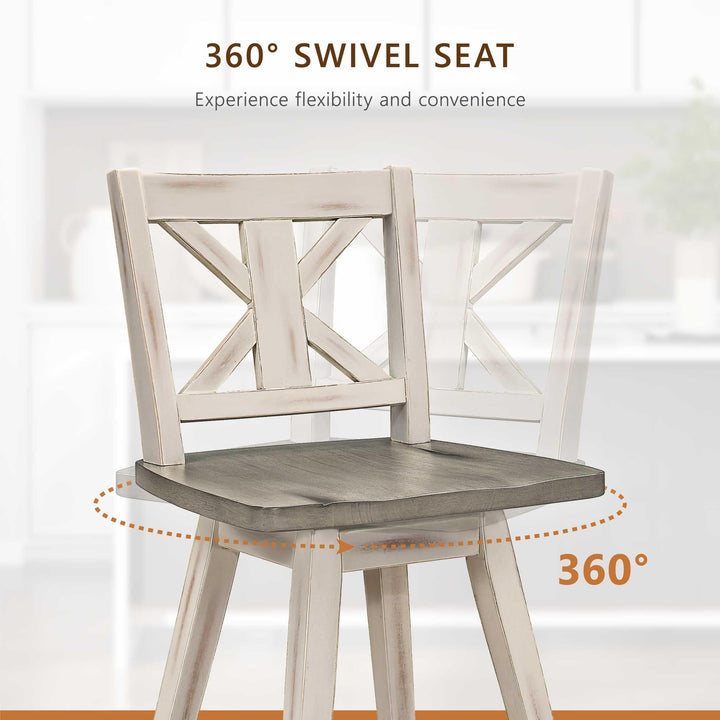 Set of 2 Solid Wood Swivel Counter Bar Stools, Tall Farmhouse X-Back Kitchen Island Chairs, Rustic White