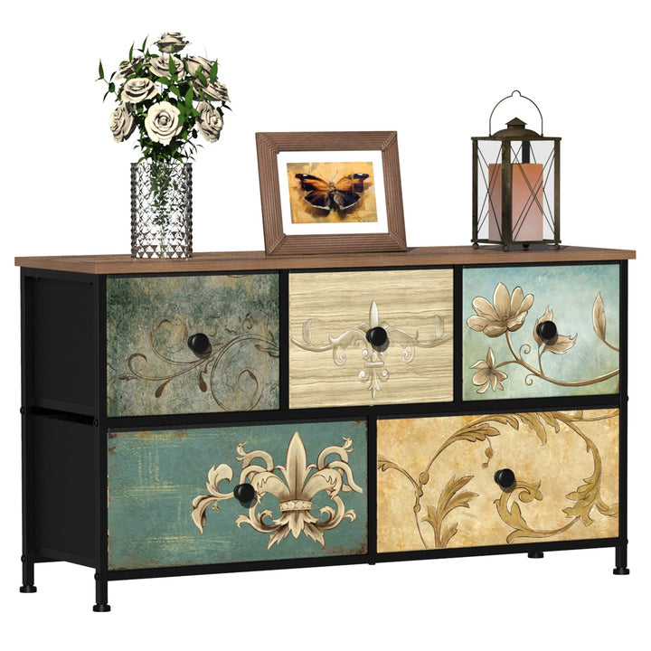 5-Drawer Fabric Dresser for Bedroom Closet, Nursery Hallway, TV Stand Cabinet with Retro Floral Pattern Wood Top Drawers