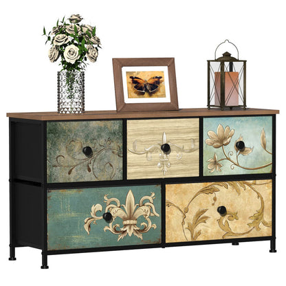 5-Drawer Fabric Dresser for Bedroom Closet, Nursery Hallway, TV Stand Cabinet with Retro Floral Pattern Wood Top Drawers
