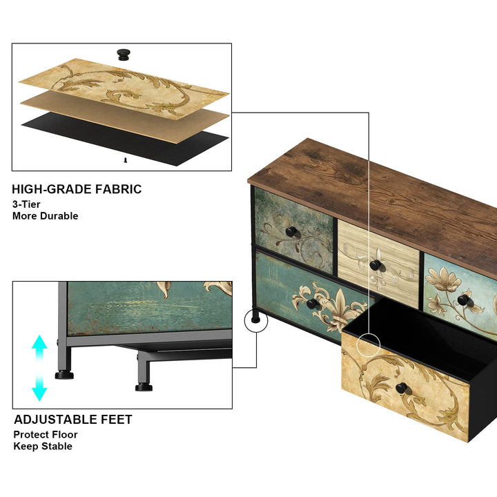 5-Drawer Fabric Dresser for Bedroom Closet, Nursery Hallway, TV Stand Cabinet with Retro Floral Pattern Wood Top Drawers