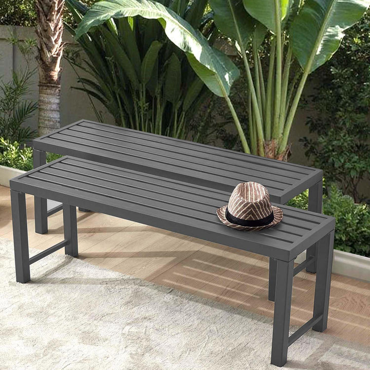 Set of 2 Outdoor Grey Metal Garden Benches, Patio Backless Benches for Porch, Lawn, Balcony, Backyard, Park