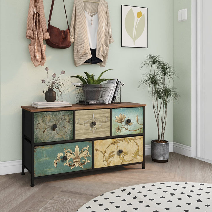 5-Drawer Fabric Dresser for Bedroom Closet, Nursery Hallway, TV Stand Cabinet with Retro Floral Pattern Wood Top Drawers