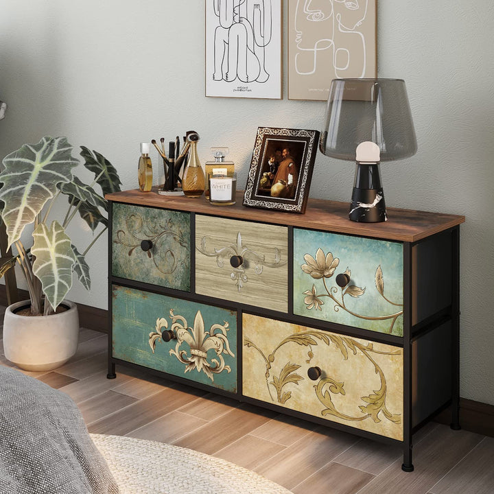 5-Drawer Fabric Dresser for Bedroom Closet, Nursery Hallway, TV Stand Cabinet with Retro Floral Pattern Wood Top Drawers