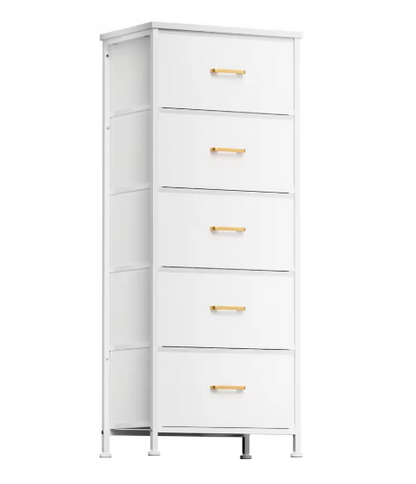 Tall Dresser with 5 Drawers,White Dresser for Bedroom, Tall Storage Tower for Closet,Nursery, Dorm, Dresser Organizer with Frame