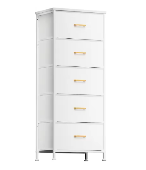 Tall Dresser with 5 Drawers,White Dresser for Bedroom, Tall Storage Tower for Closet,Nursery, Dorm, Dresser Organizer with Frame