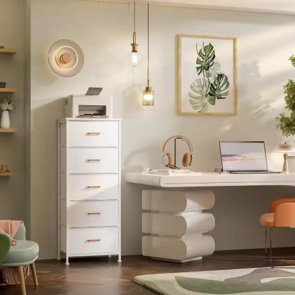 Tall Dresser with 5 Drawers,White Dresser for Bedroom, Tall Storage Tower for Closet,Nursery, Dorm, Dresser Organizer with Frame