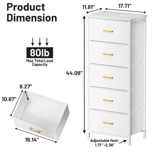Tall Dresser with 5 Drawers,White Dresser for Bedroom, Tall Storage Tower for Closet,Nursery, Dorm, Dresser Organizer with Frame