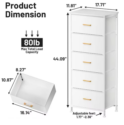 Tall Dresser with 5 Drawers,White Dresser for Bedroom, Tall Storage Tower for Closet,Nursery, Dorm, Dresser Organizer with Frame