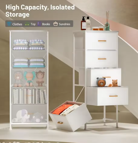 Tall Dresser with 5 Drawers,White Dresser for Bedroom, Tall Storage Tower for Closet,Nursery, Dorm, Dresser Organizer with Frame