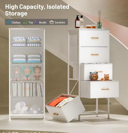 Tall Dresser with 5 Drawers,White Dresser for Bedroom, Tall Storage Tower for Closet,Nursery, Dorm, Dresser Organizer with Frame