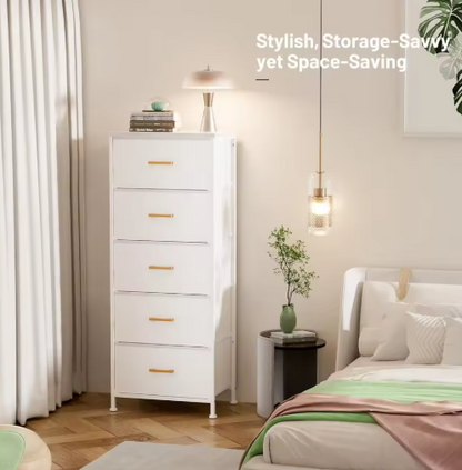 Tall Dresser with 5 Drawers,White Dresser for Bedroom, Tall Storage Tower for Closet,Nursery, Dorm, Dresser Organizer with Frame