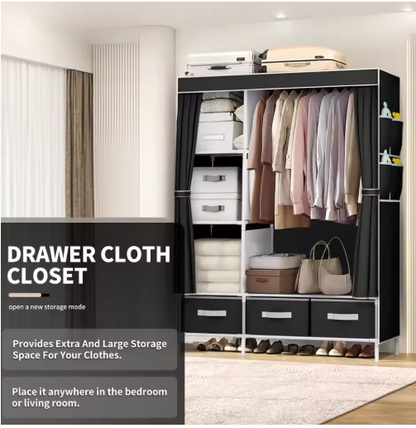 New Upgrade Portable Wardrobe Clothes Organizer for Home Bedroom Clothes Closet with 3 Drawers and 4 Shelves Clothes Storage