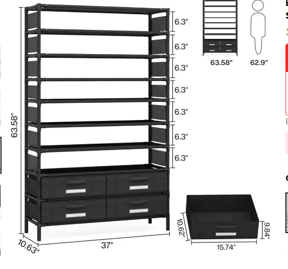bookshelf with 4 Bins Drawers for Closet Entryway, Vertical Shoe Racks Free Standing wardrobes, clothes rack