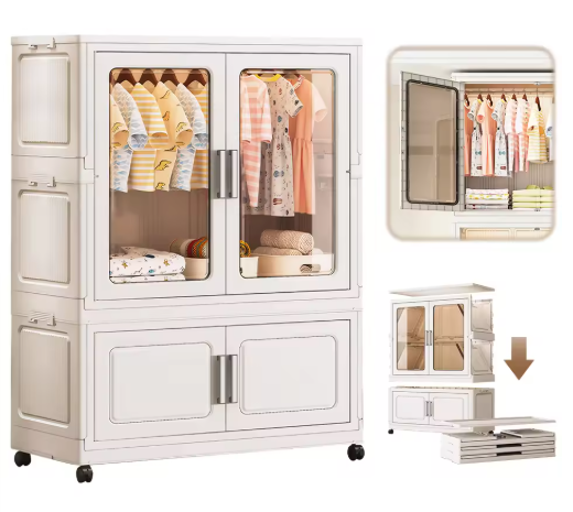 Mobile Wardrobe Clothes Organizer with Haging Rod & Cabinet Clothing Storage Shelf with Wheels Wardrobe Closet Rack for Bedroom