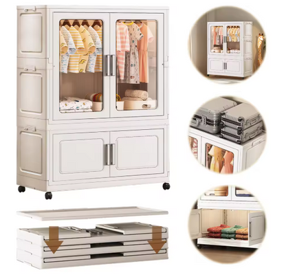 Mobile Wardrobe Clothes Organizer with Haging Rod & Cabinet Clothing Storage Shelf with Wheels Wardrobe Closet Rack for Bedroom