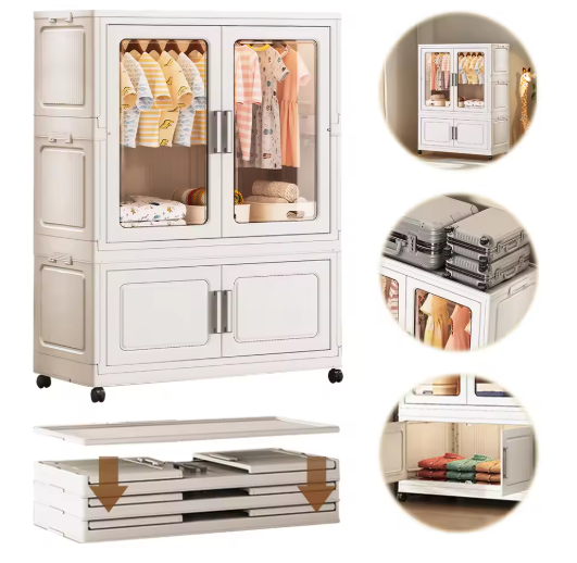 Mobile Wardrobe Clothes Organizer with Haging Rod & Cabinet Clothing Storage Shelf with Wheels Wardrobe Closet Rack for Bedroom