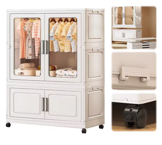 Mobile Wardrobe Clothes Organizer with Haging Rod & Cabinet Clothing Storage Shelf with Wheels Wardrobe Closet Rack for Bedroom