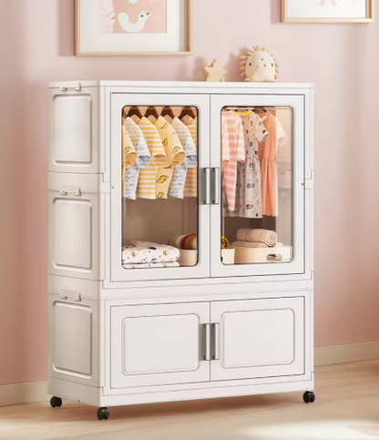 Mobile Wardrobe Clothes Organizer with Haging Rod & Cabinet Clothing Storage Shelf with Wheels Wardrobe Closet Rack for Bedroom