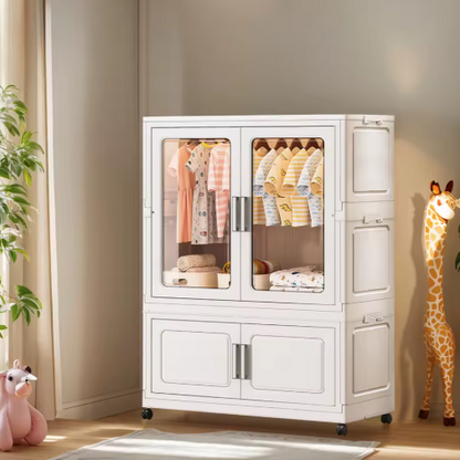 Mobile Wardrobe Clothes Organizer with Haging Rod & Cabinet Clothing Storage Shelf with Wheels Wardrobe Closet Rack for Bedroom