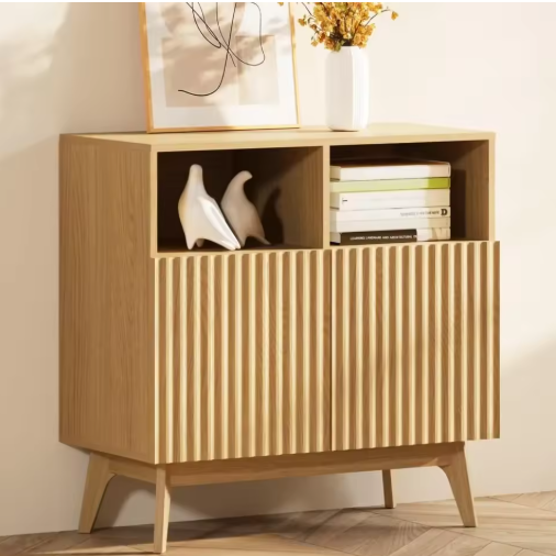Fluted Storage Cabinet Oak, Modern Buffet Sideboard with Storage, Accent Cabinet with Solid Wood Legs, Console Table with