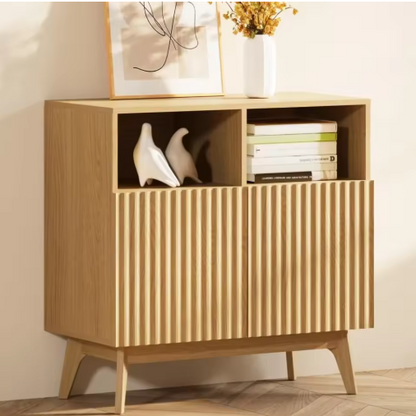Fluted Storage Cabinet Oak, Modern Buffet Sideboard with Storage, Accent Cabinet with Solid Wood Legs, Console Table with