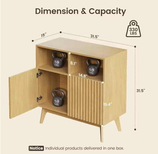 Fluted Storage Cabinet Oak, Modern Buffet Sideboard with Storage, Accent Cabinet with Solid Wood Legs, Console Table with