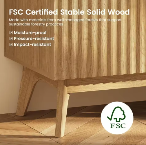 Fluted Storage Cabinet Oak, Modern Buffet Sideboard with Storage, Accent Cabinet with Solid Wood Legs, Console Table with